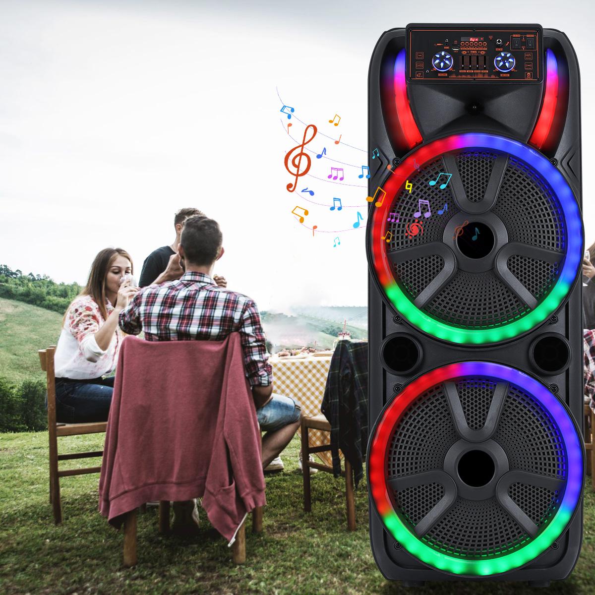 Dual 15 inch Karaoke Speaker System W/ 2 Microphone Portable Party Box Loud Big Speaker Wireless Bluetooth Stereo Rechargeable Remote Control LED Lighting