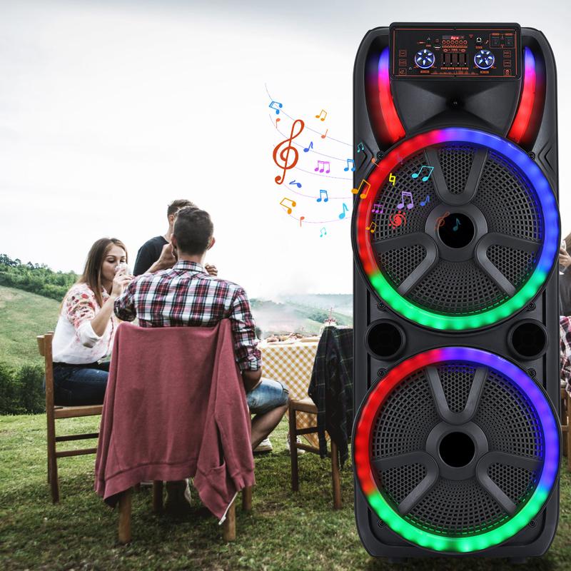Dual 15 inch Karaoke Speaker System W/ 2 Microphone Portable Party Box Loud Big Speaker Wireless Bluetooth Stereo Rechargeable Remote Control LED Lighting Dual 15 inch Karaoke Speaker System W/ 2 Microphone Portable Party Box Loud Big Speaker Wireless Bluetooth Stereo Rechargeable Remote Control LED Lighting