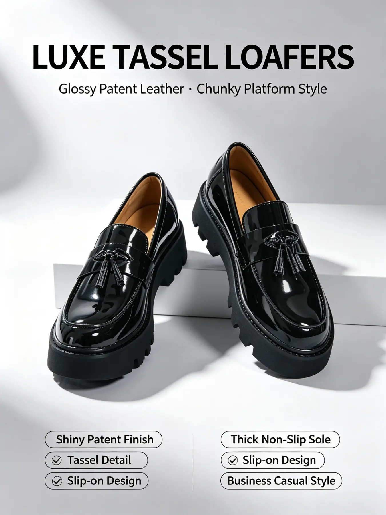Men Glossy Patent Leather Loafer Shoes, Classic Tassel Decoration, Thick Lug Sole Height‑Boost Slip‑On Shoes, Formal Office & Daily Casual Leather Shoes For Men