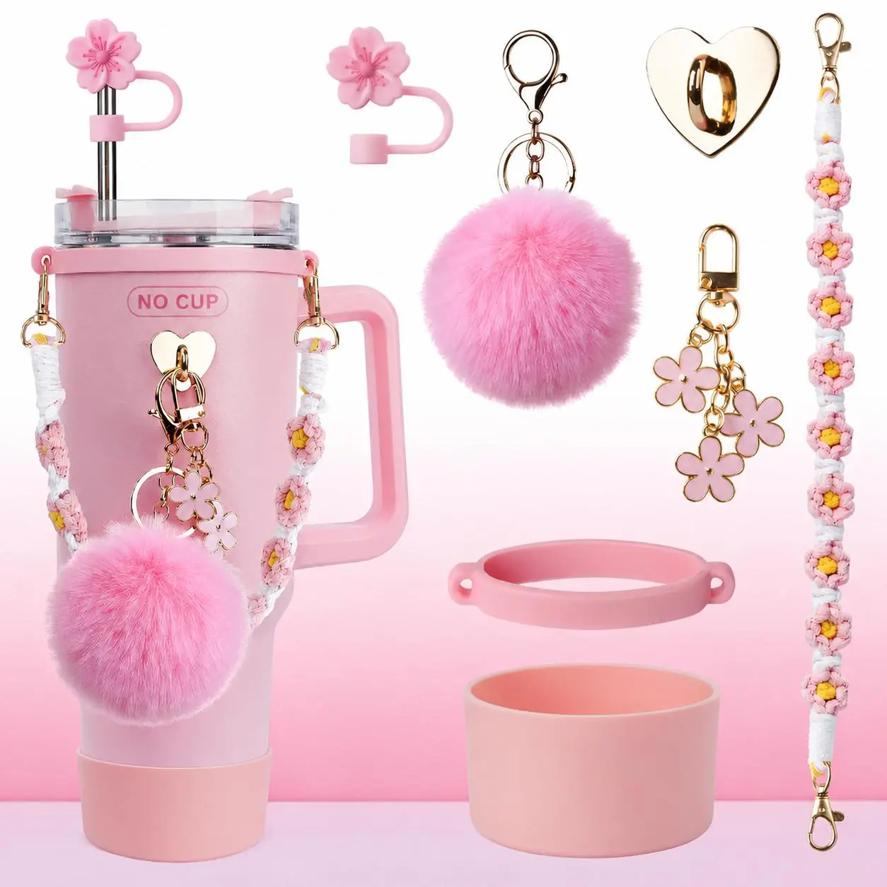 Fashion Drinkware Accessories for Stanley 40oz & 30oz Tumbler, 7PCS Cup Decor Set with Bow Straw Topper, Silicone Boot, Handle Chain, Pom Pom Charm, Cute Gift for Women