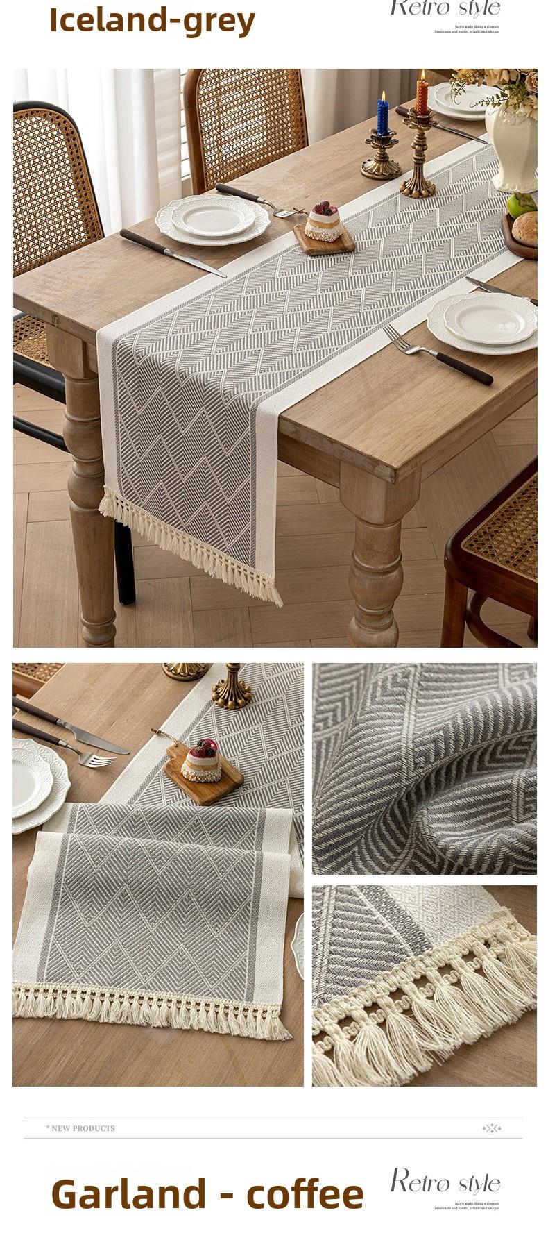 Nordic Style Waterproof Cotton Linen Table Runner, Jacquard Pattern with Tassel Trim, Dining Table Decor