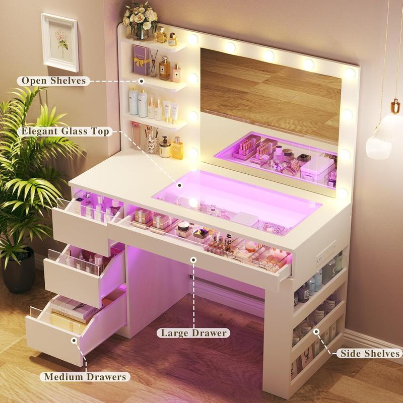Vanity Desk with Lighted Mirror & Glass Top, Makeup Vanity Desk with 4 Transparent Drawers and RGB Lighting, Built-in Power Outlet, 3-Tier Side Shelves & Storage Organizer for Bedroom Vanity Desk with Lighted Mirror & Glass Top, Makeup Vanity Desk with 4 Transparent Drawers and RGB Lighting, Built-in Power Outlet, 3-Tier Side Shelves & Storage Organizer for Bedroom
