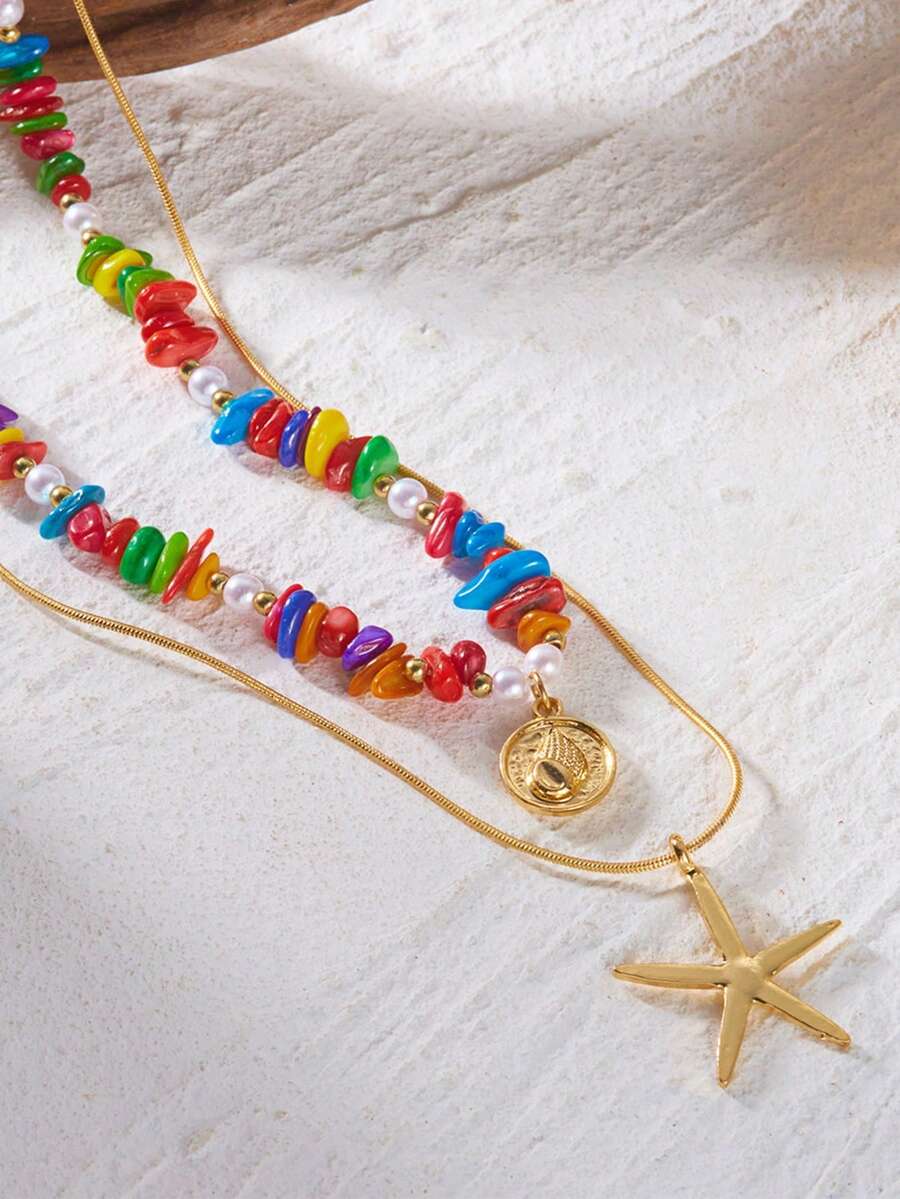 3pcs Summer Bohemian Style Multi-Color Faux Pearl Multi-Layer Necklace Set With Shell Pendant, Suitable For Beach, Travel, Daily Decoration, Outfit Matching, Dating, Party, Holiday Gift For Women