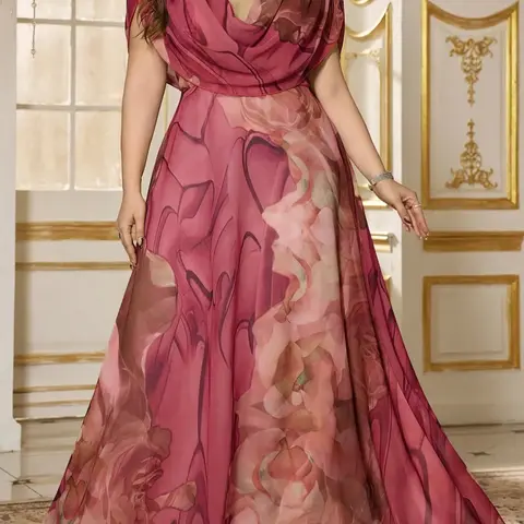 Large Size Fitted V Neck Digital Watercolor Elegant Chic Chiffon Fabric Flare Formal Party Evening Dress, Random Cut Flower Pattern Design for Sophisticated Style Womenswear Flared Formal Dress