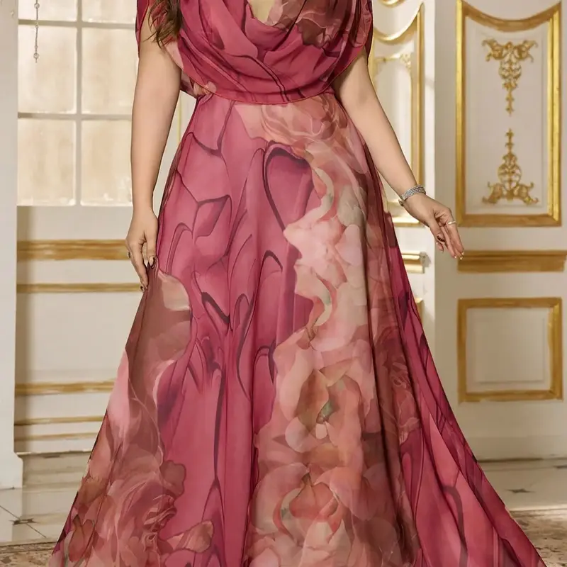 Large Size Fitted V Neck Digital Watercolor Elegant Chic Chiffon Fabric Flare Formal Party Evening Dress, Random Cut Flower Pattern Design for Sophisticated Style Womenswear Flared Formal Dress