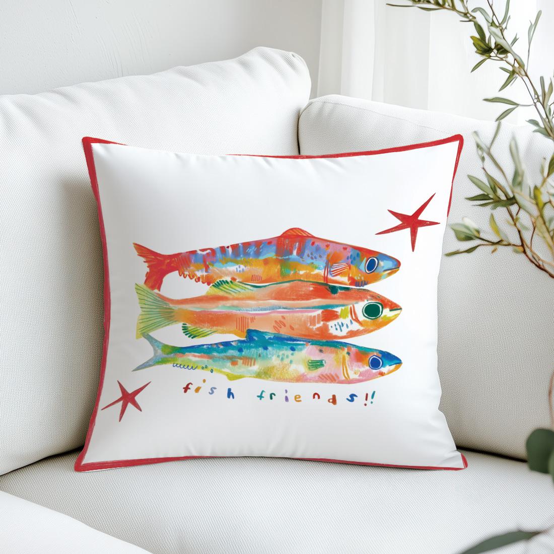 Three Fish Colorful Illustration Pillow Cover, Single-Sided Print, Home Decor for Living Room Bedroom, No Insert Included
