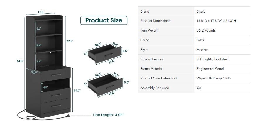 Sikaic LED Tall Nightstand with Charging Station 3 Drawers & Bookshelf Modern Design Home Vanity Desk RGB LED Lights Adjustable Shelves Multi-Color LED Strip 2 AC Outlets 2 USB Ports