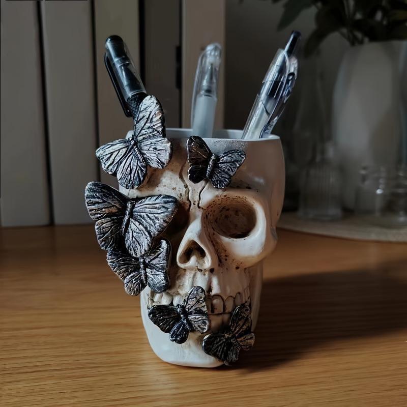 Halloween Butterfly Skull Pen Holder, Creative Resin Craft, Unique Desktop Decoration, Halloween Home Office Accessory, Perfect Gift, Pen Cup