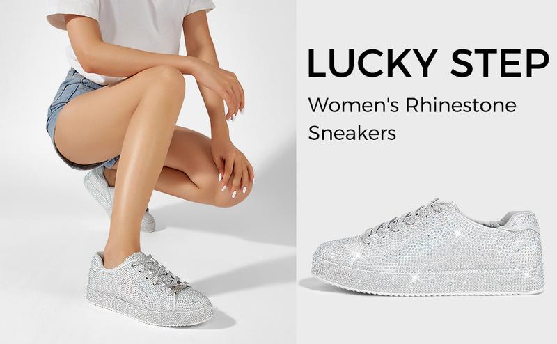 LUCKY STEP Platform Rhinestone Fashion Glitter Sneakers Sparkly Bling Bedazzled Wedding Bridal Shiny Shoes for Women Non-slip TPR Outsole