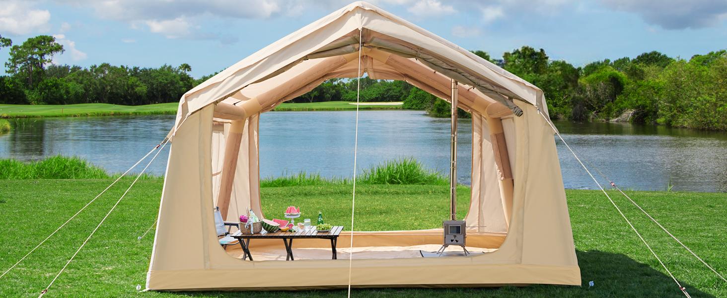 Lilypelle Inflatable Tents for Camping, Blow Up Tent with Hand Pump, Easy Setup Inflatable Hot Tent with Stove Jack, Waterproof Oxford Air Glamping Tents for Camping Adult 4-6 Person