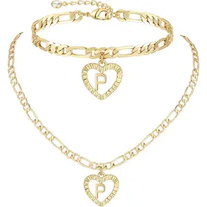 YANODA Gold Initial Pendant Necklace Anklet Bracelet for Women 14K Gold Plated Figaro Chain Letter Initial Heart Necklace Anklets Alphabet Foot Jewelry Personalized Jewelry for Women