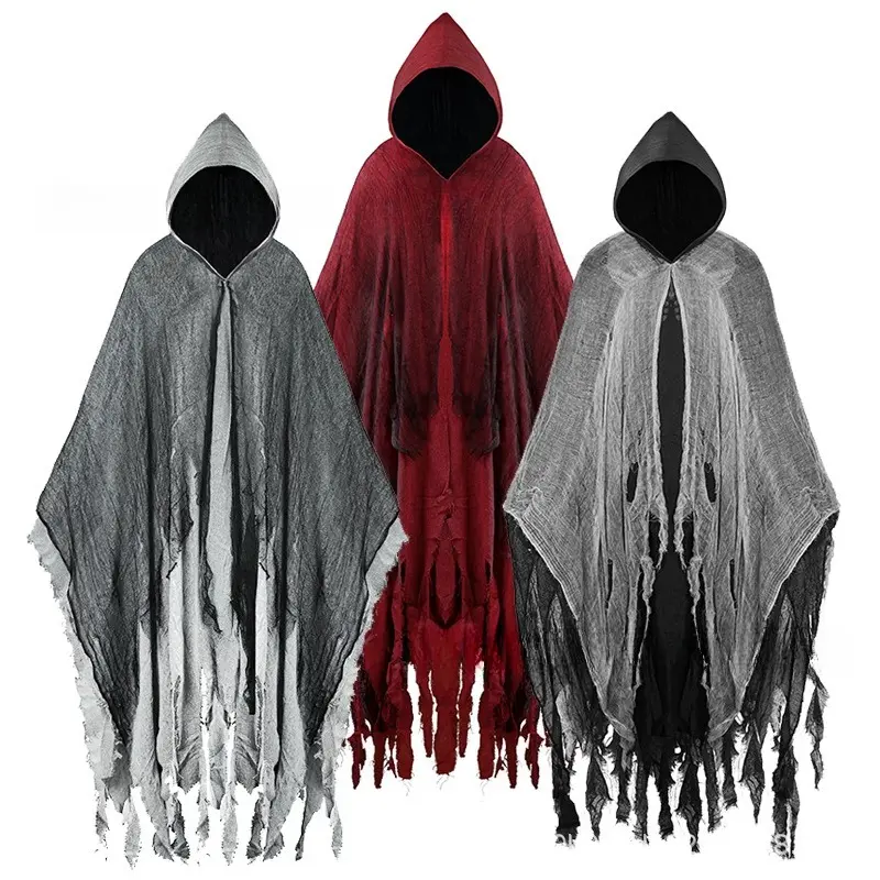 Halloween Tattered Hooded Cloak Cape Grim Reaper Ghost Witch Robe Distressed Creepy Cloth Poncho Gothic Dark Renaissance Costume for Women Men Unisex