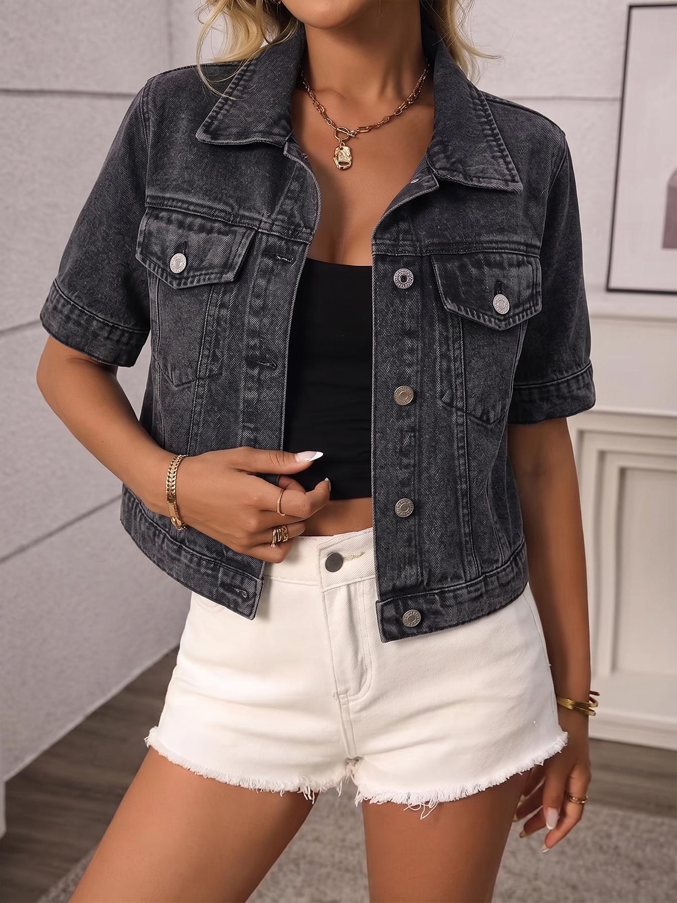 Women's Classic Short Sleeve Denim Jacket, Casual Single Button Short Denim Collar Top, Summer Outerwear, Loose-Fitting