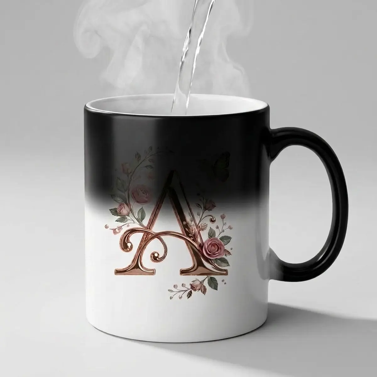 11oz Ceramic Heat Sensitive Floral Monogram Mug - Classic Heat Resistant Drinkware with Rose Gold Initial for Morning Coffee Drinks