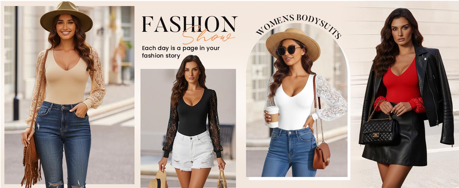 Avidlove Womens Long Sleeve Bodysuit Double Lined V Neck Lace Puff Sleeves Going Out Top Shirts Thong Leotard Body Suit