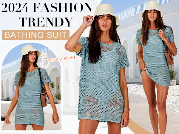 ANRABESS Women Swimsuit Crochet Swim Cover Up Summer Bathing Suit Swimwear Knit Short Sleeve Pullover Beach Dress