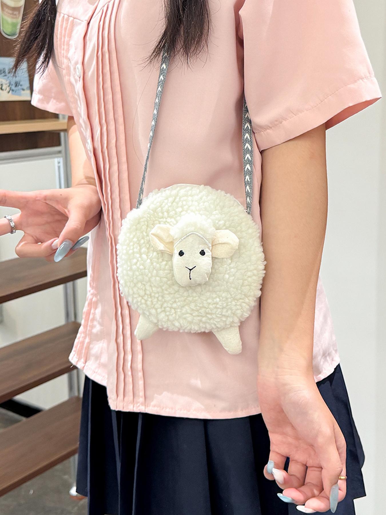 Cute Plush Mini Shoulder Bag, Sheep Head Design, Zippered Pouch for Lipstick, Earphones, Coins, Perfect Gift for Girls, Students, Office Use