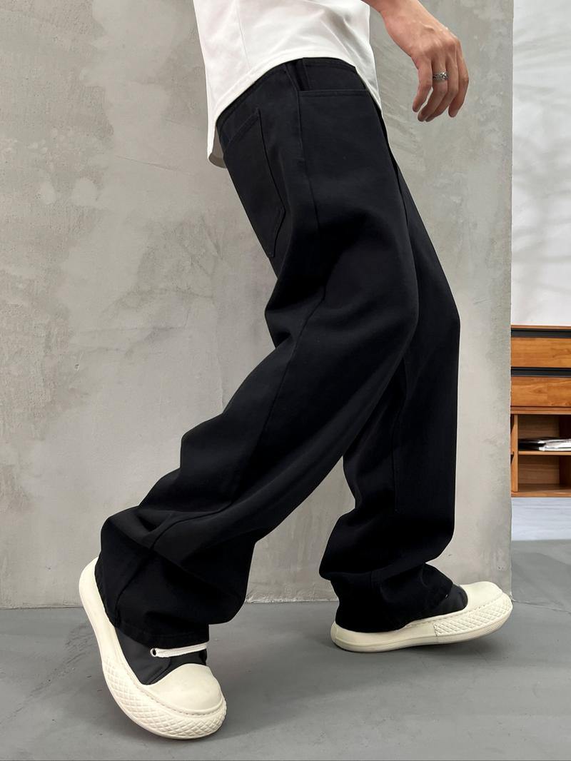 Men's Solid Color Wide Leg Jeans, Loose Casual Comfy Denim Trousers for Daily Wear, Fashion Men's Bottoms for All Seasons