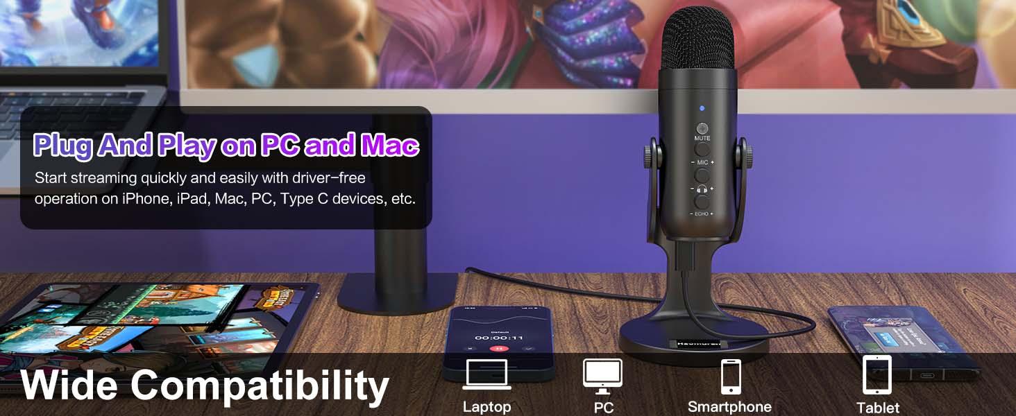 Haomuren K66 USB Condenser Microphone[No Lightning adapter],Computer PC Gaming Mic,Plug&Play Microphones for PS 4&5.Monitor Adjust&Volume Control,Mic Gain Control,Mute Button for TikTok,YouTube Podcast on Mac&Windows, gift for festival Audio Black