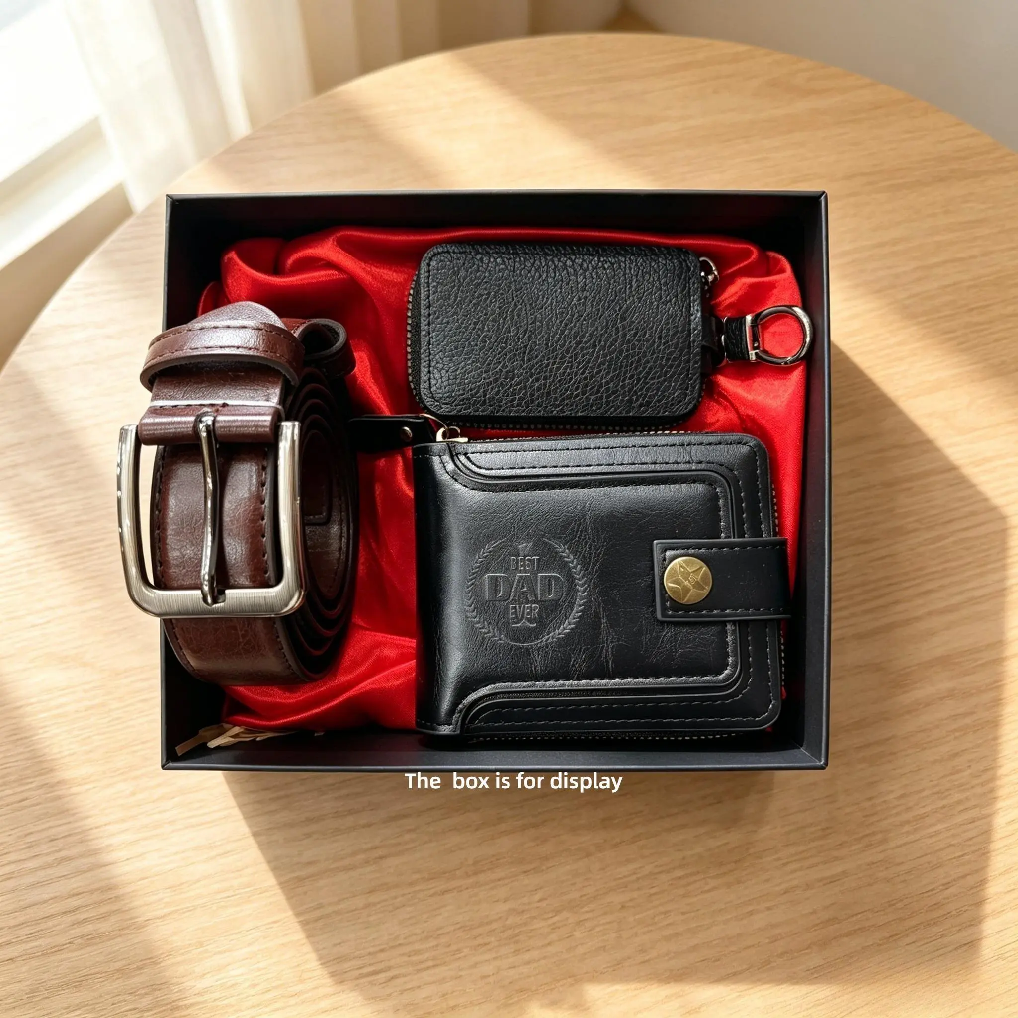Men's 3-Piece Vintage Leather Gift Set - Belt with Buckle, Wallet, Mini Key Purse, Gift Boxed with Dad Engraving for Father's Day, Compact Set men Bifold