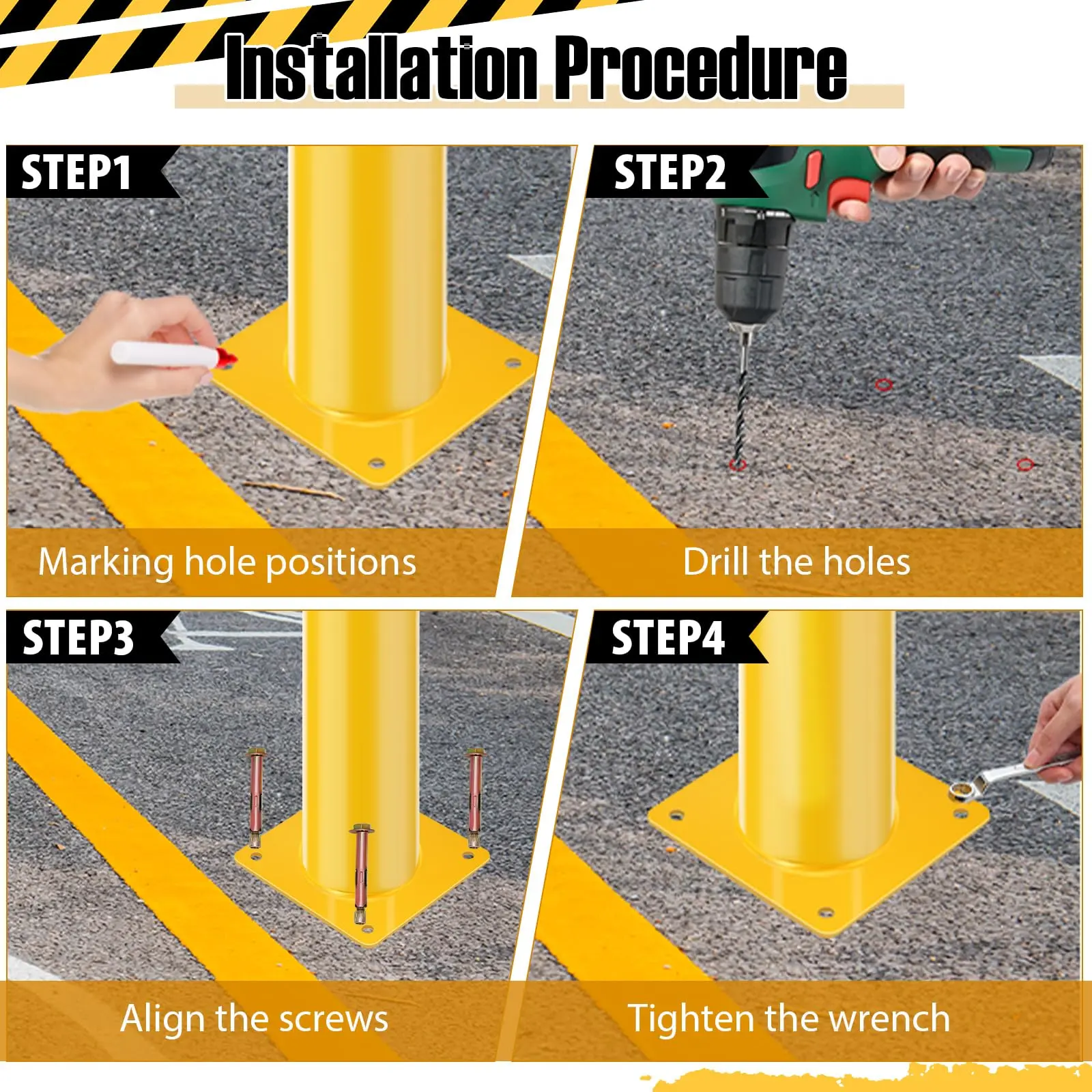 Heavy-Duty Safety Bollard Posts, 36 in High x 4 in Diameter Yellow Steel Removable Bolt-Down Parking Barriers, Current Control for Driveway/Garage/Warehouse, w/ Anchor Bolts
