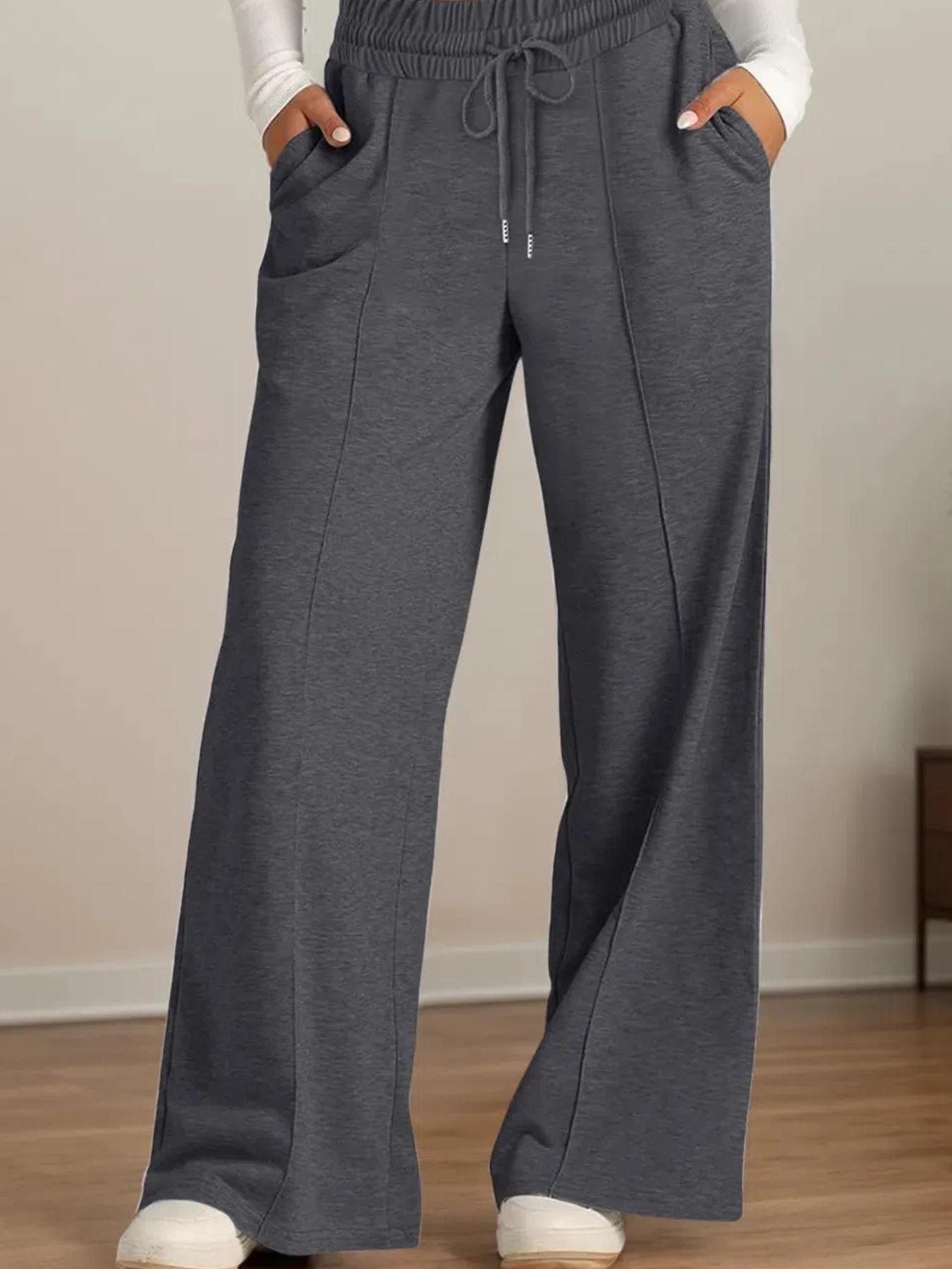 Women's Plain Drawstring High-Waisted Wide-Leg Pants, Loose Fit, Casual with Pockets, Elastic Waist, All Seasons, Daily Wear, Outerwear, Home Wear