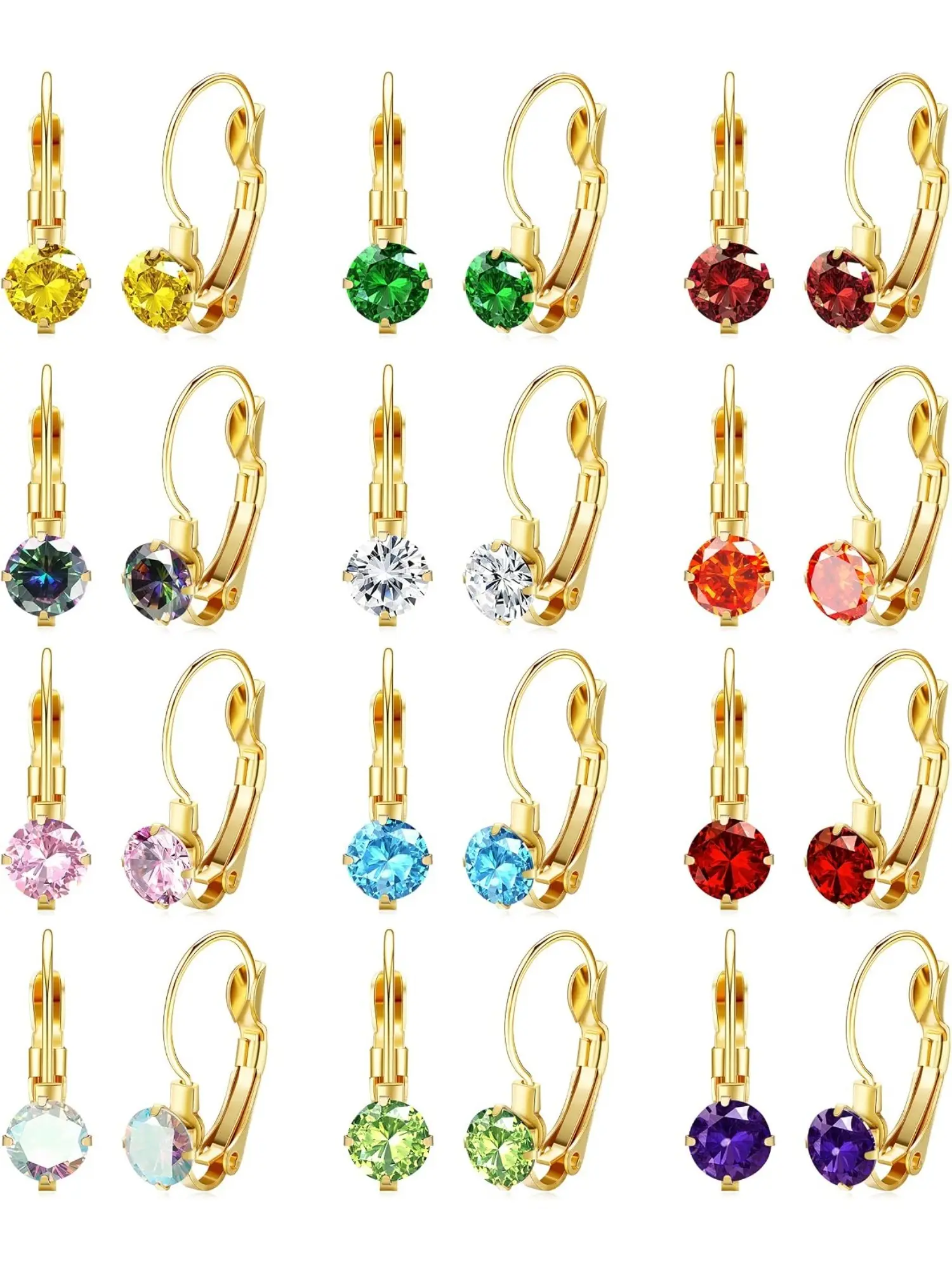 12 Pairs 6MM 10MM Leverback Earrings for Women 316L Stainless Steel Birthstone Leverback Dangle Earrings Multicolor Cubic Zirconia Drop Earring Jewellery Set