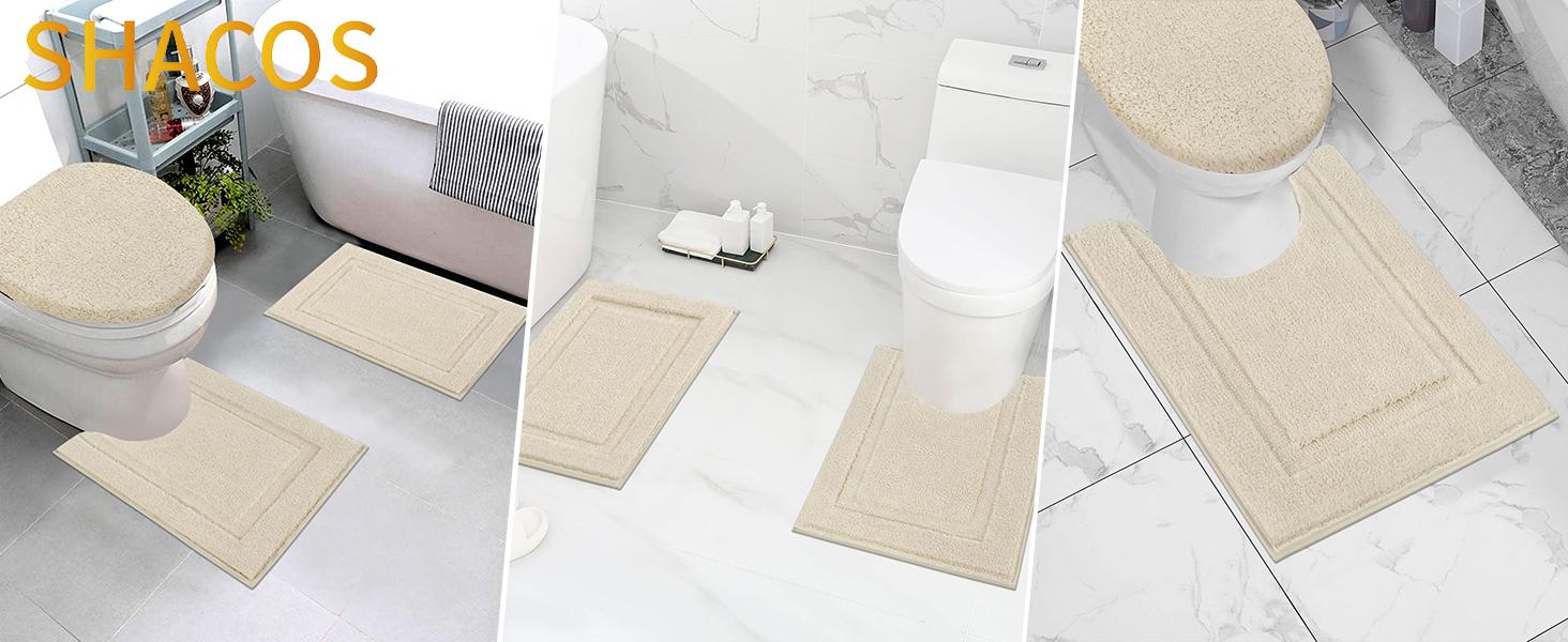 Light Beige Microfiber Bath Rugs Set of 3 - Non-Slip, Washable, Absorbent - 16"x24" Mat, 20"x24" U-Shape Rug, 19"x21" Lid Cover - Ideal for Bathrooms, Shower, Laundry, Everyday Use, Great Gift, Machine-Washable, Water Absorbent