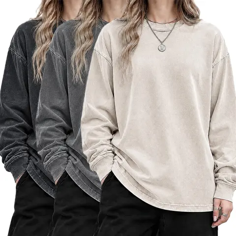 Women’s Vintage Washed Distressed Cotton Long-Sleeve Tshirt - Loose Drop-Shoulder Basic Streetwear Tops for Women, Casual Layering Tee (Single Piece or 3-Pack)