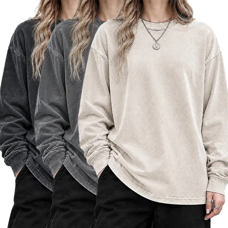 Women’s Vintage Washed Distressed Cotton Long-Sleeve Tshirt - Loose Drop-Shoulder Basic Streetwear Tops for Women, Casual Layering Tee (Single Piece or 3-Pack)