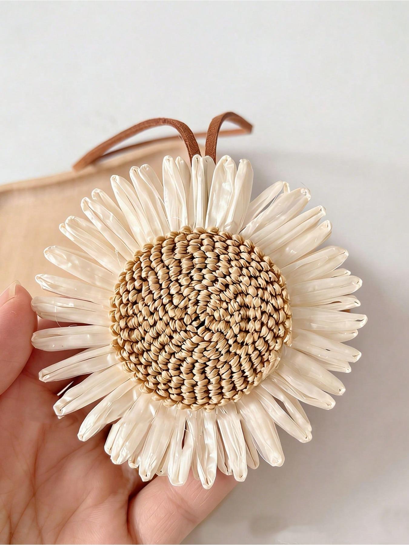 Summer bohemian resort style bag accessories, braided rattan sunflower flower designer pendant. Comes with a genuine leather strap, bohemian beach style accessory for tote bags, wallets, backpacks and keychains, elegant summer decorative pendant.