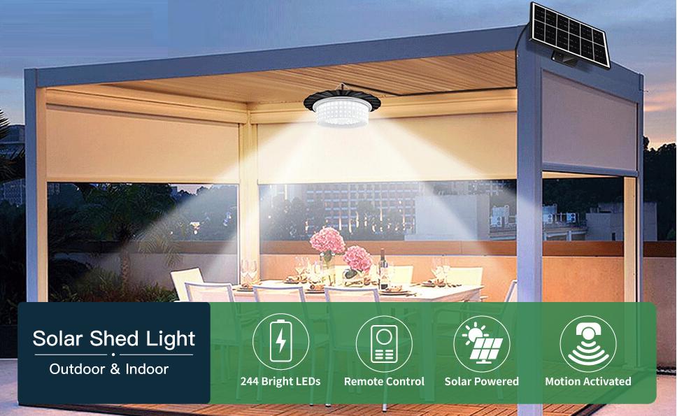 Solar Shed Light, Portable Solar Pendant Lights Outdoor, 244 LED 360° Glow Waterproof Shed Light with Remote Control for Shed, Barn, Gazebo, Yard, Patio, Garage