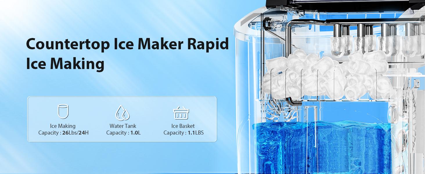 Antarctic Star Countertop Ice Maker with Handle,9 Ice Cubes Ready in 6 Minutes,26lbs/24Hrs,Bullet Ice Maker Countertop with Self-Cleaning,Portable Ice Maker for Kitchen/Office/Home/Camping/RV Scoop Utensils Machine