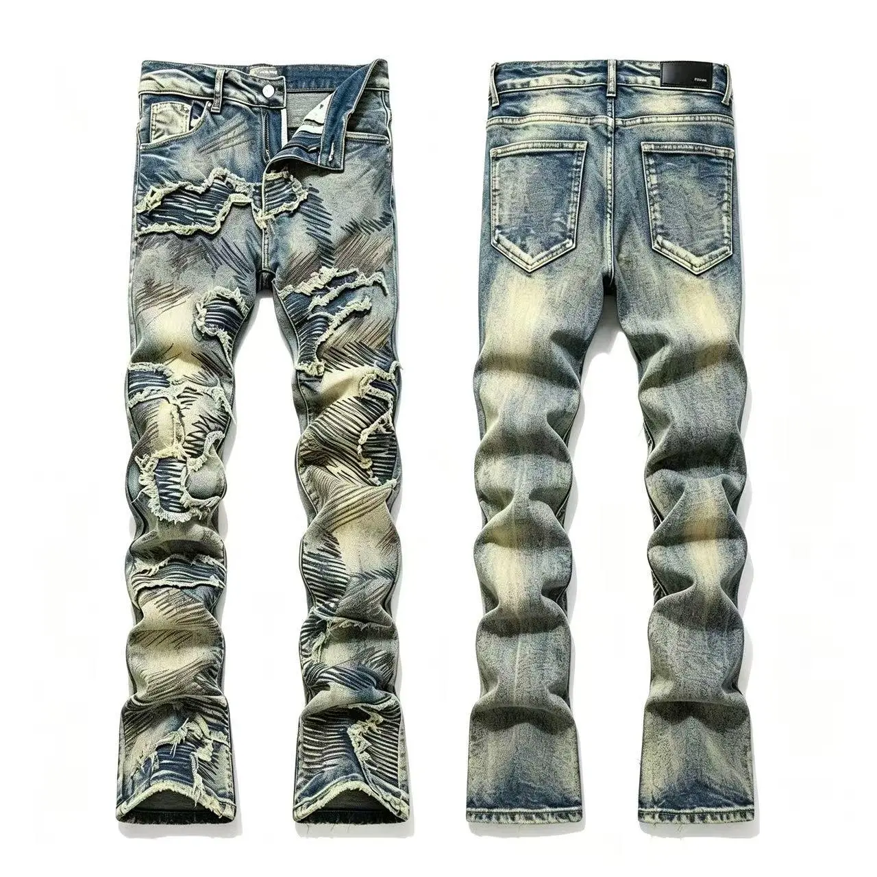 Men's High Cotton Slim Fit Stacked Bootcut Jeans, Heavy Frayed Ripped Vintage Textured Denim Pants for Y2K Hip Hop Streetwear Daily Outfits