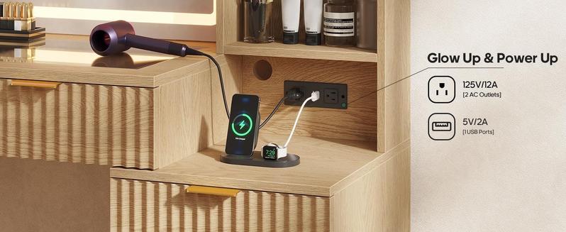 Sikaic Fluted Makeup Vanity with Sync Music LED Lights and Glass Top Mid-Century Modern Wooden Vanity Desk with Mirror, Power Outlet, Glass Cabinet, 4 Shelves and 5 Drawers