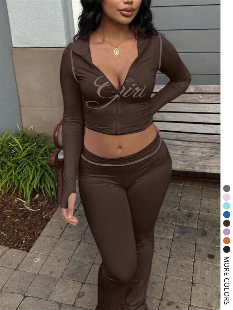 【LovelyWholesale】Two-piece Set Women's Colorblock Letter Print Zip Up Crop Jacket & High Waist Flare Leg Pants, Casual Fashion Cozy Breathable Outfits for Yoga Gym Workout, Ladies Sportswear for Fall