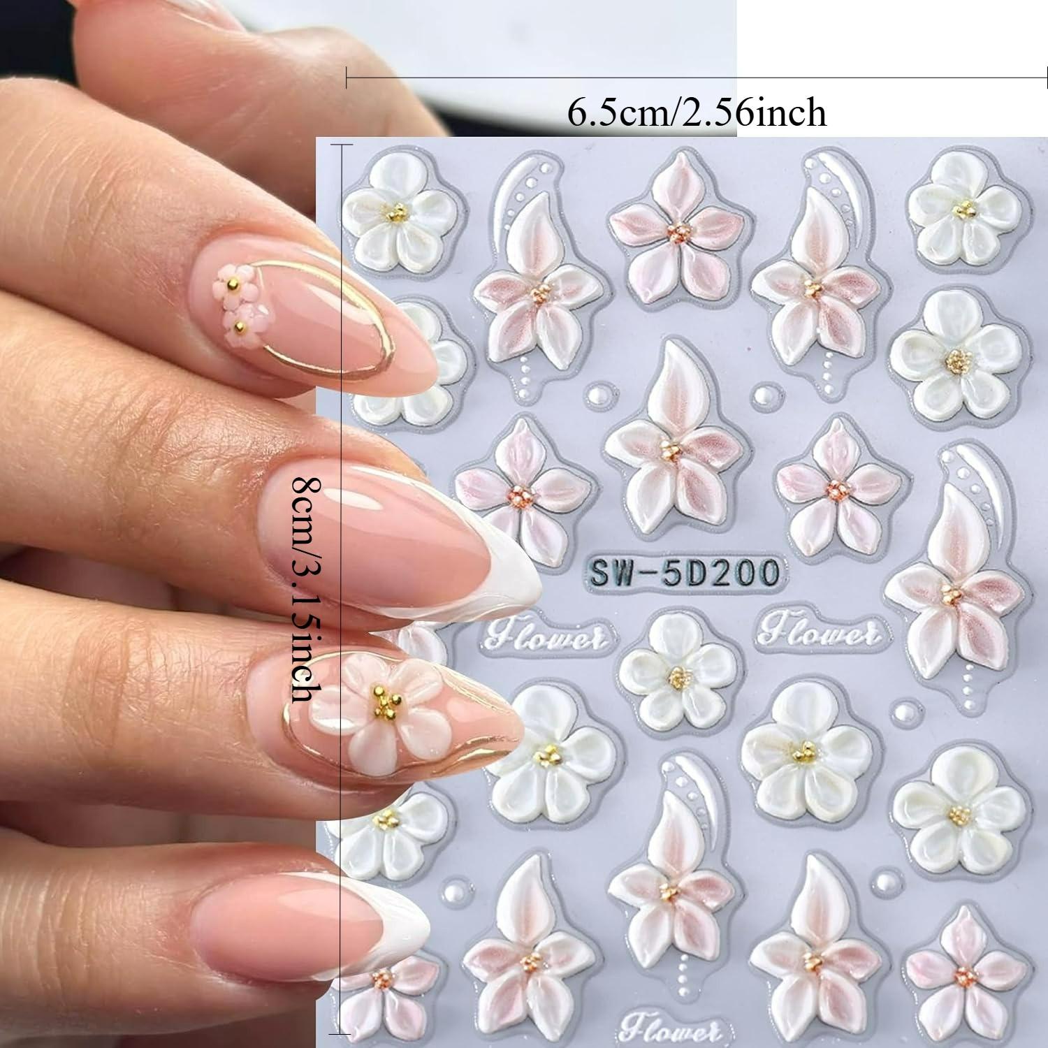 6PCS 5D Flowers Embossed Hibiscus Nail Stickers, Self Adhesive Summer Spring Flower Nail Art Decoration for Women, White Pink Hawaiian Floral Petals Nail Art Decoration