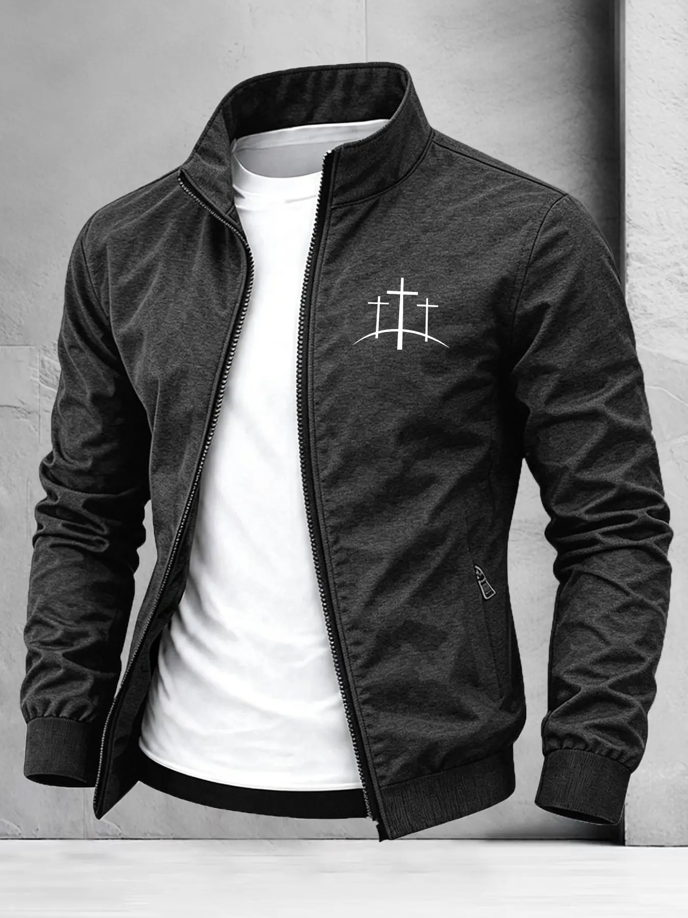 Men's Stand Collar Zipper Baseball Jacket, Simple Cross Print Lightweight Top, Casual Long Sleeve Outerwear, Fitted Street Style
