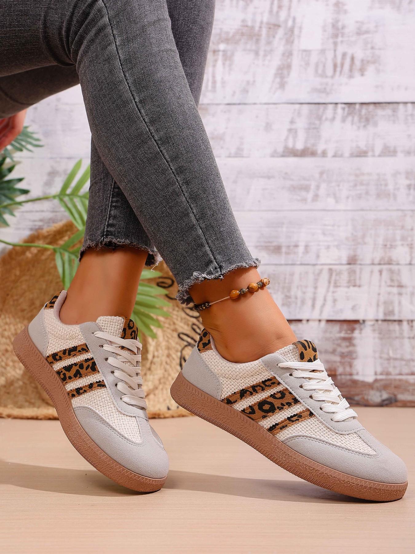 Leopard Print Patchwork Training Shoes, Vintage Three Stripe Casual Agony Shoes, Versatile Women's Footwear, Trendy and Comfortable