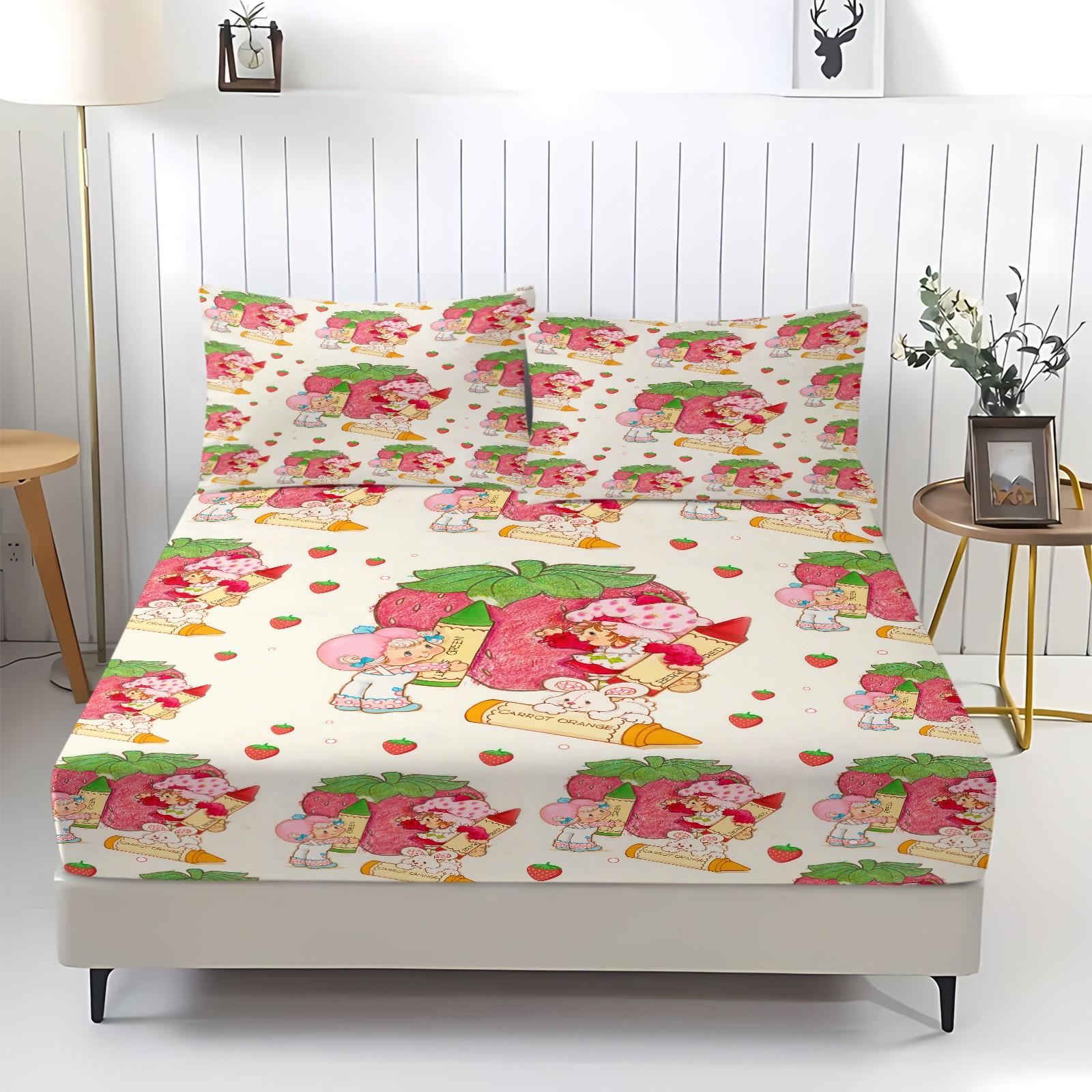 Strawberry Shortcake Fitted Sheet Set, 1 Fitted Sheet + 2 Pillowcases - 3 Pcs Soft Breathable Bedding with Deep Pocket, 360° All-Round Wrap, Wrinkle Resistant, Cute Strawberry Cartoon Bed Sheets for Girls Bedroom Decor, Full Size