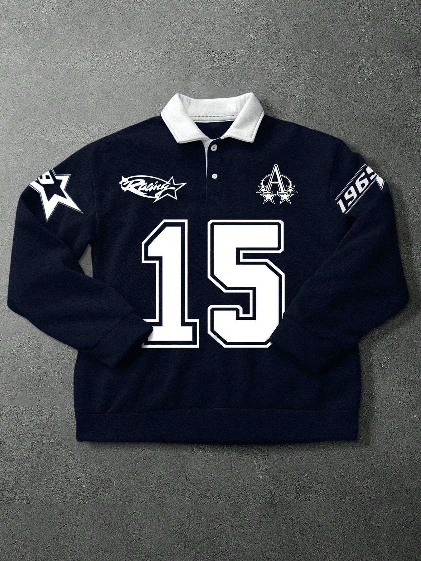 Men's Loose Fit Colorblock Collar Long Sleeve Graphic Polo Shirt, Casual Street Style, Fashionable Outdoor Sports Wear, All Seasons