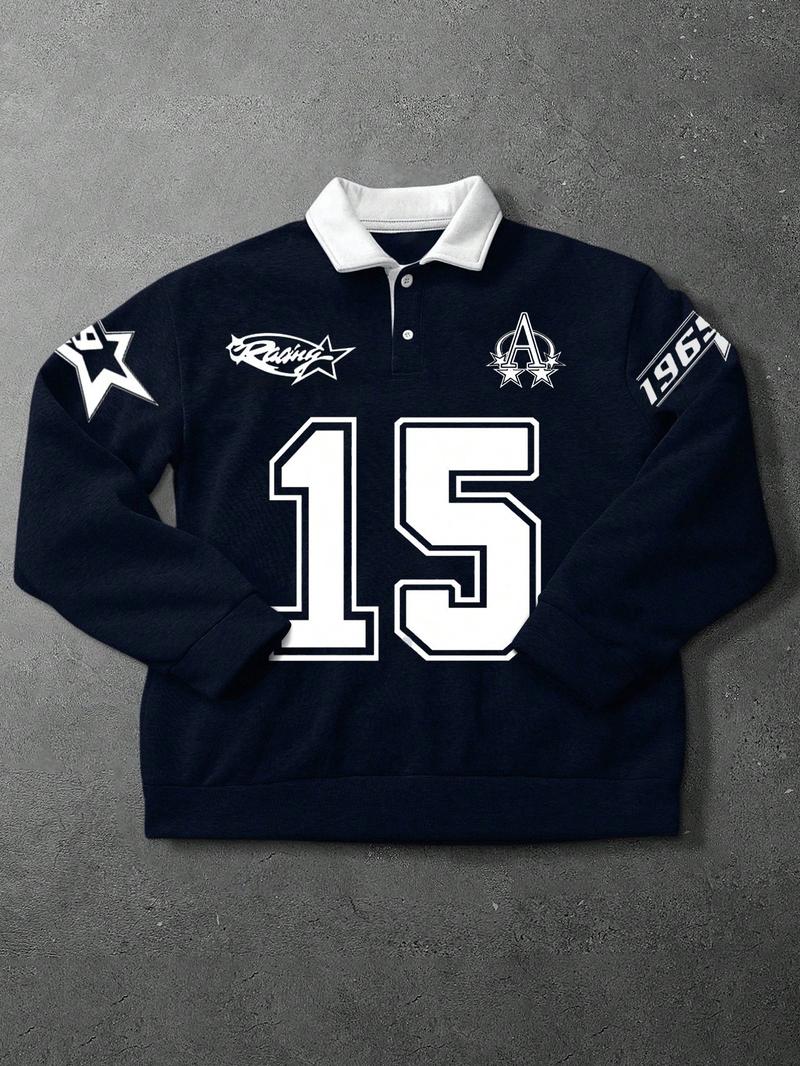 Men's Loose Fit Colorblock Collar Long Sleeve Polo Shirt, Casual Street Style, Fashionable Outdoor Sports Wear, All Seasons Men's Loose Fit Colorblock Collar Long Sleeve Polo Shirt, Casual Street Style, Fashionable Outdoor Sports Wear, All Seasons