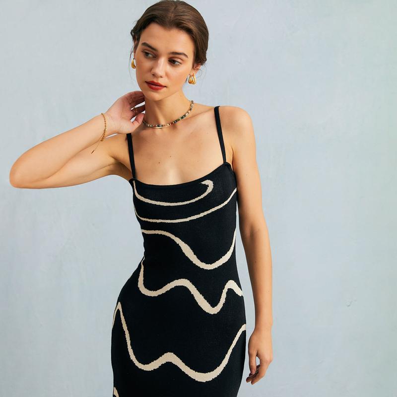 RIHOAS Vintage Elegant Strap Long Dress High & Grade Wave Stripe knitted Mid length Dresses Women's Summer Autumn Ladie Party Clothing Sleeveless Casual Cotton Fabric