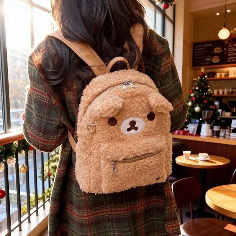 Cartoon Rilakkuma Bear Backpack Cute Rilakkuma Plush Fluffy Large Capacity School Bag for Women Girls Shopping Travel Bag