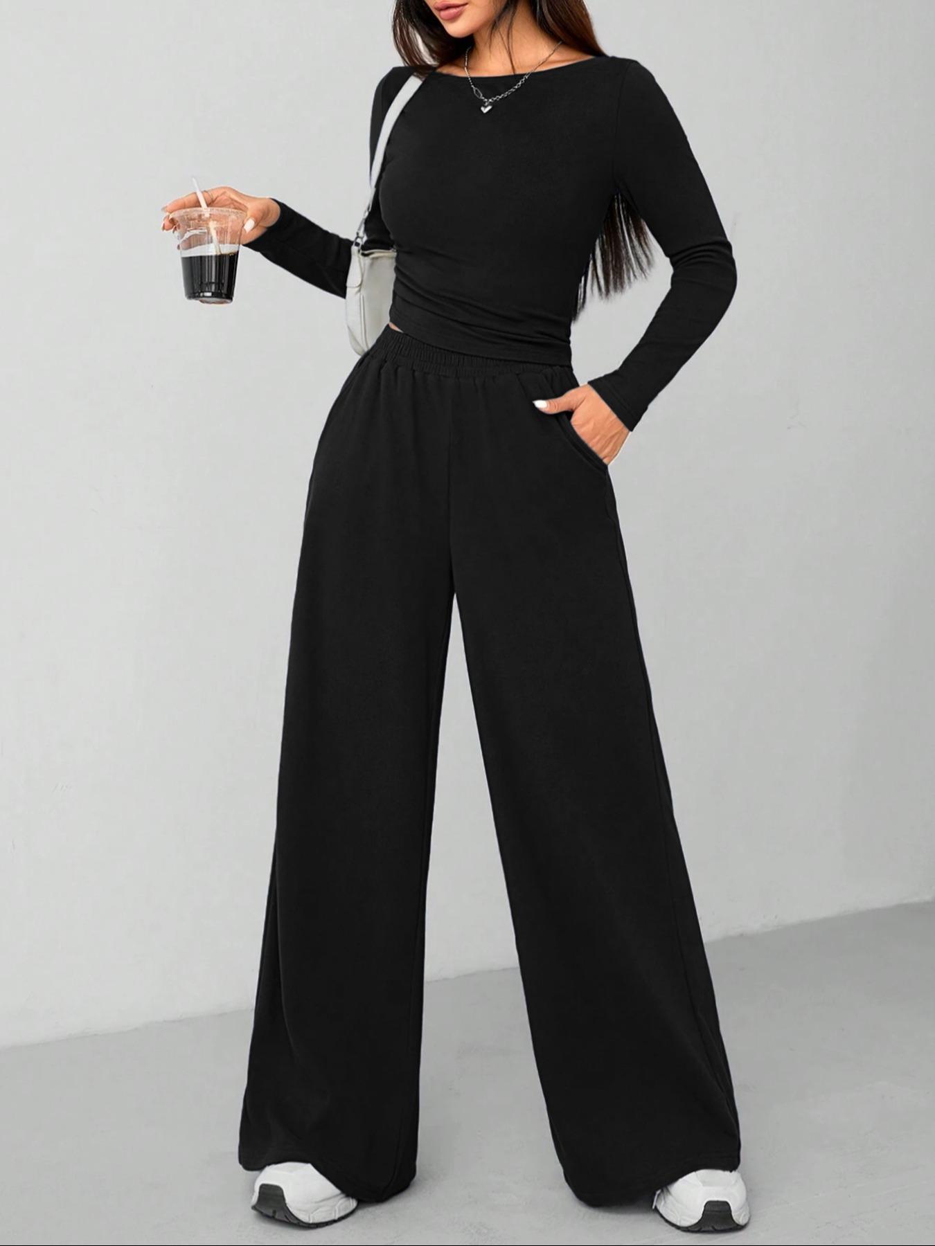 Women's Casual Long Sleeve Top & Wide Leg Pants Sporty Set, Comfortable Two-Piece Ensemble for Daily Wear, Sports Clothing Set, Athleisure Wear Set