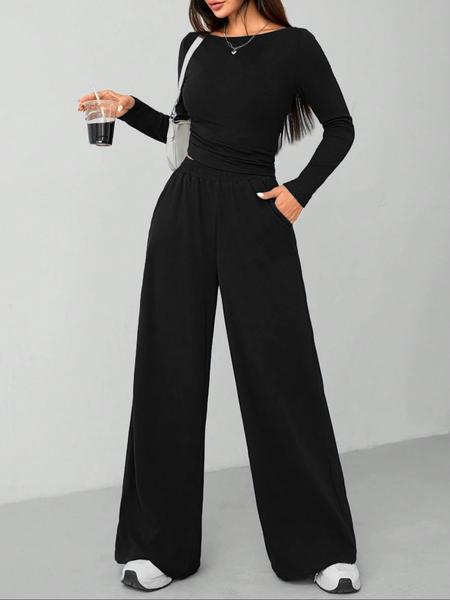 Women's Casual Long Sleeve Top & Wide Leg Pants Sporty Set, Comfortable Two-Piece Ensemble for Daily Wear, Sports Clothing Set, Athleisure Wear Set