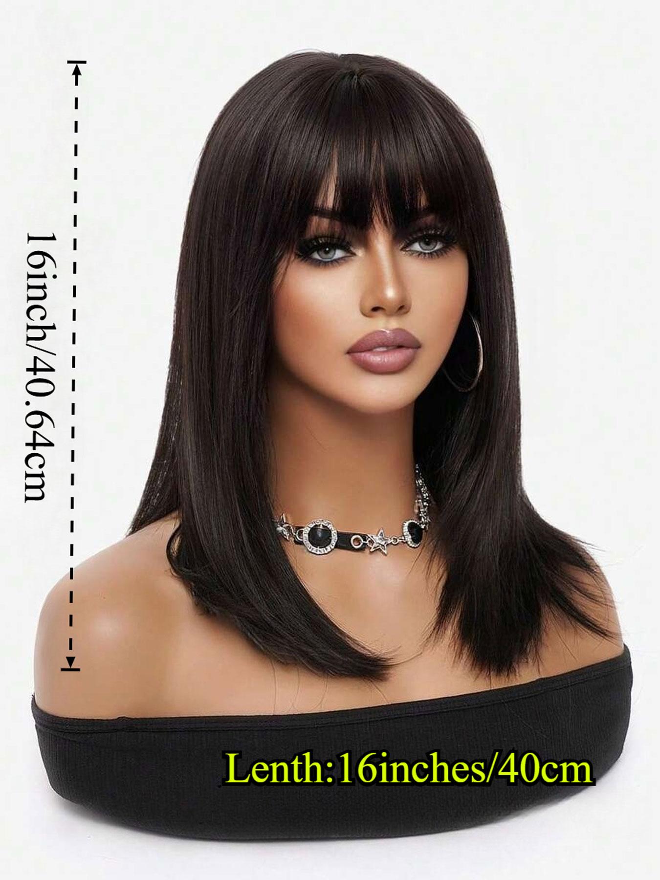 Natural Black Wig with Bangs Straight Layered Heat Resistant Shoulder Length Black Bob Wigs with Bangs Shoulder Length Straight Natural  main image 2