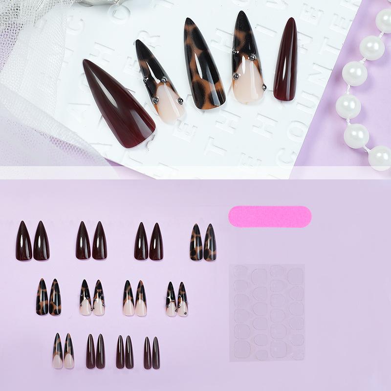 24-Piece Leopard Print Nail Tips, Deep Gradient Base Color, 3D Water Diamonds & Fine Glitter, Removable Design, Comfortable Fit