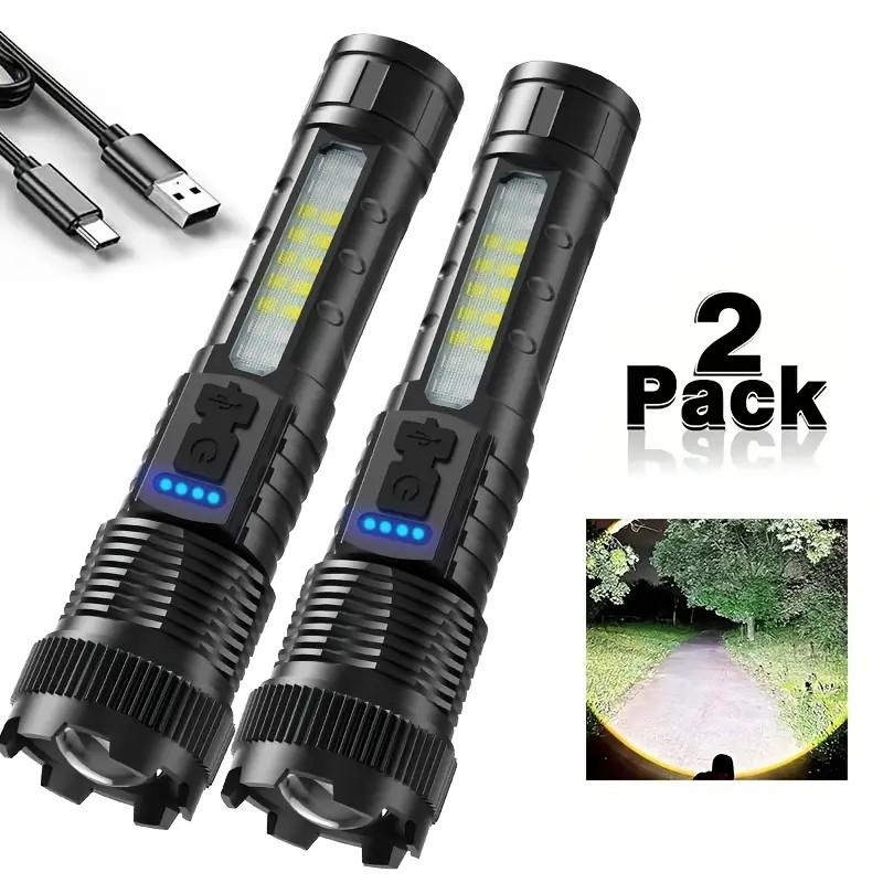 2-piece rechargeable zoom ultra bright flashlight, suitable for emergency power outages, outdoor camping, hurricanes Rechargeable LED battery powered, with 6 lighting modes and COB side lights Strong light, red and blue flashing flashlight