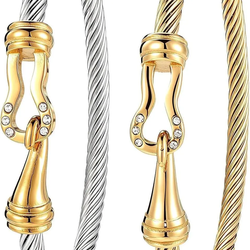 2pcs Twisted Cable Wire Bracelets, Stainless Steel Twisted Wire Bangle